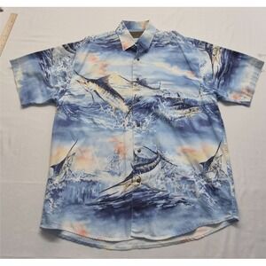 Magellan Sportwear men's swordfish ocean pattern short sleeve button up shirt LG